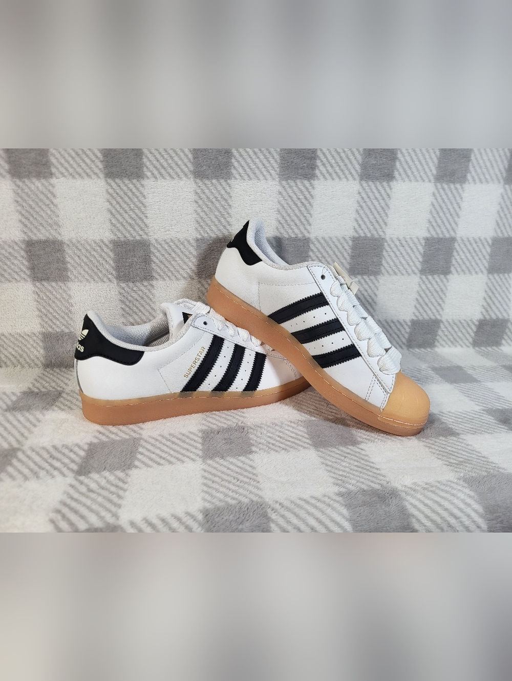 Women's Size 8 Adidas White Black Superstar Sneakers with Gum Sole